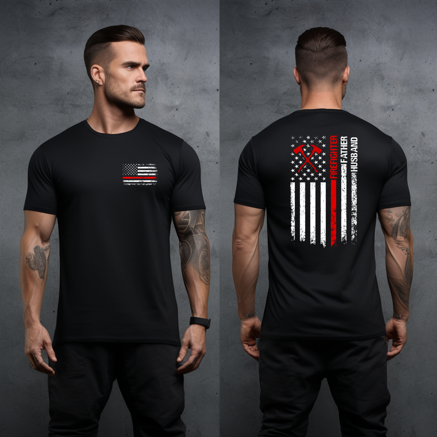 Firefighter Father Husband American Flag T-Shirt (Front + Back Design)