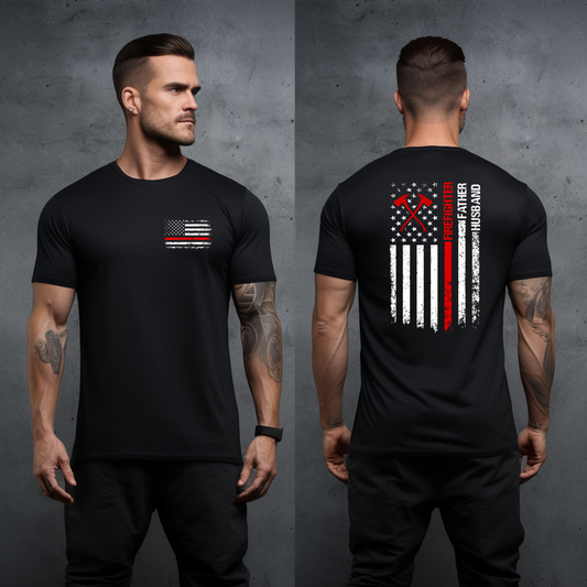 Firefighter Father Husband American Flag T-Shirt (Front + Back Design)